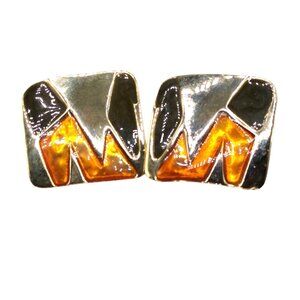 Vintage Modernist Abstract Earrings, Orange and Black Enamel on Gold Tone Studs
